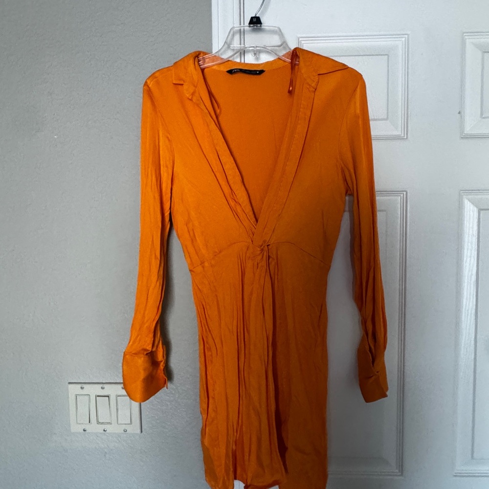 Orange Long Sleeve V-Neck Wrap Mini Dress